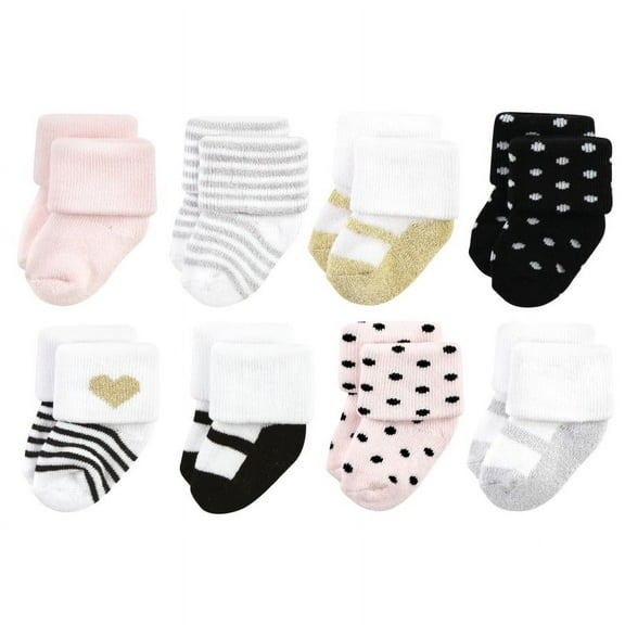 Hudson Baby Infant Girls Cotton Rich Newborn and Terry Socks, Silver Gold Pink, 6-12 Months