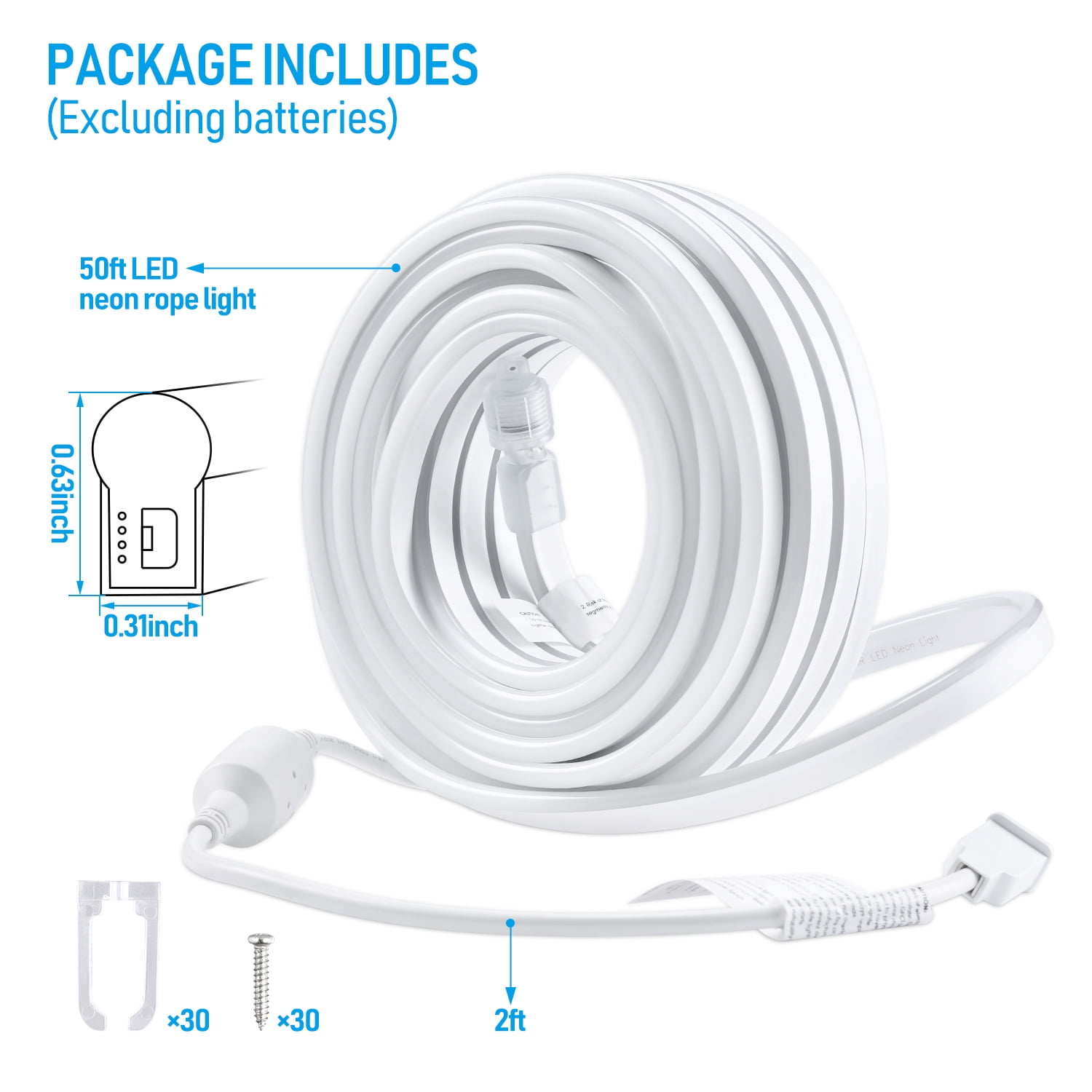 50FT LED Neon Rope Lights Outdoor, IP67 Waterproof, AC 120V LED Strip Lights, UL Plug&Play, Max Connection 3 Sets(150FT), ETL Listed, Green Light