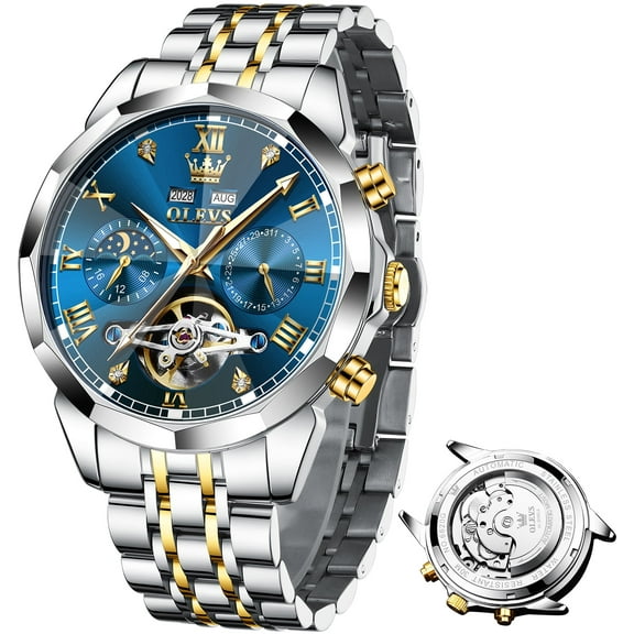 OLEVS Automatic Watches for Men Self Winding Mechanical Skeleton Luxury Dress Chronograph Gold Plated Stainless Steel Calendar Moon Phase Waterproof Luminous Mens Wrist Watches Reloj Para Hombre