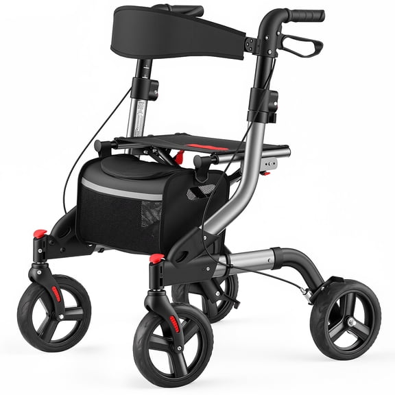 Rollator Walker for Seniors with Seat, Lightweight Foldable All Terrain Rolling Walker, Aluminum Walkers with 8" Rubber Wheels, 17" Big Seat, 6-Level Adjustable Height, 350 lb Capacity, Grey