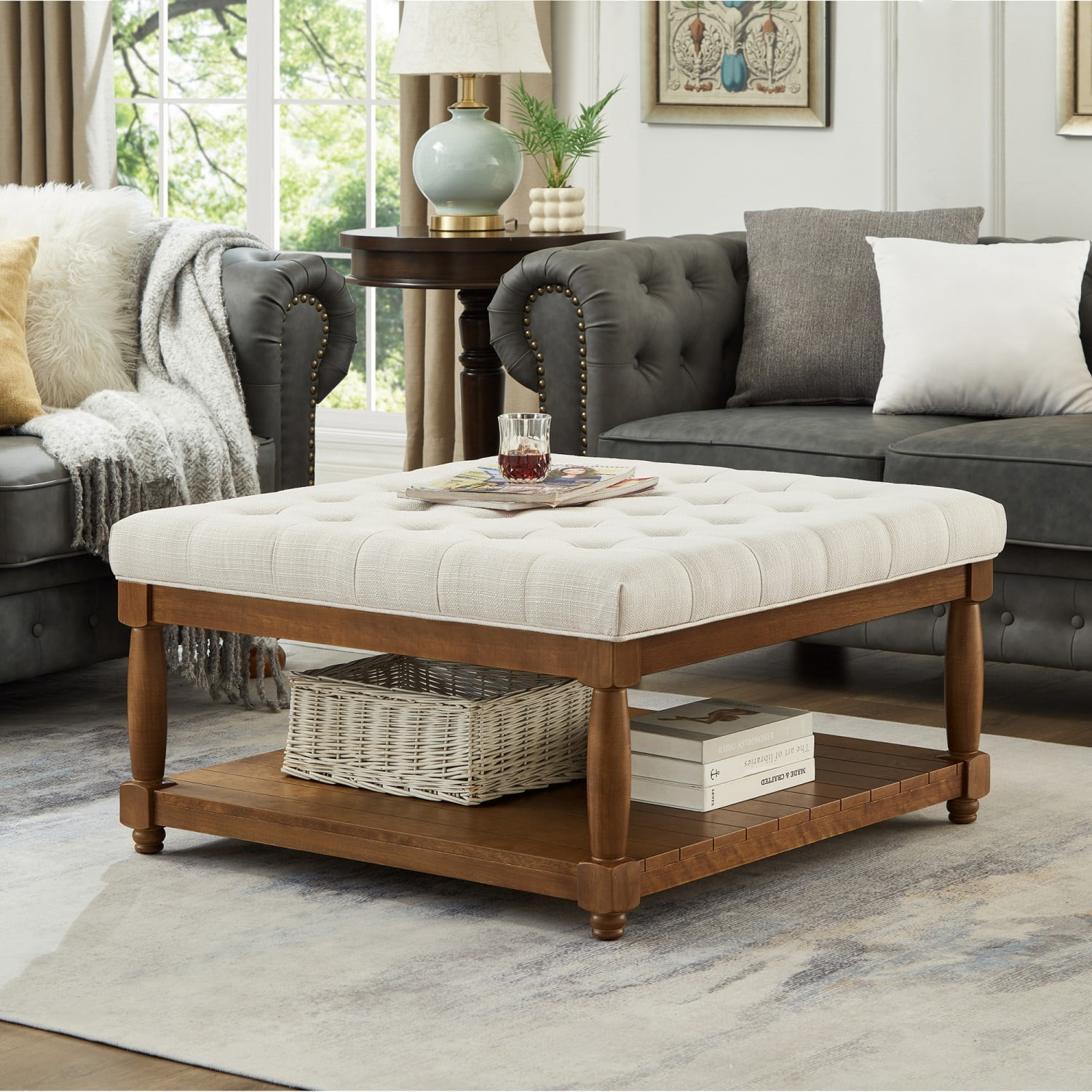 Large Square Tufted Linen Ottoman Coffee Table, Upholstered Footrest with Solid Wood Storage Shelf, Ivory Living Room Center Table