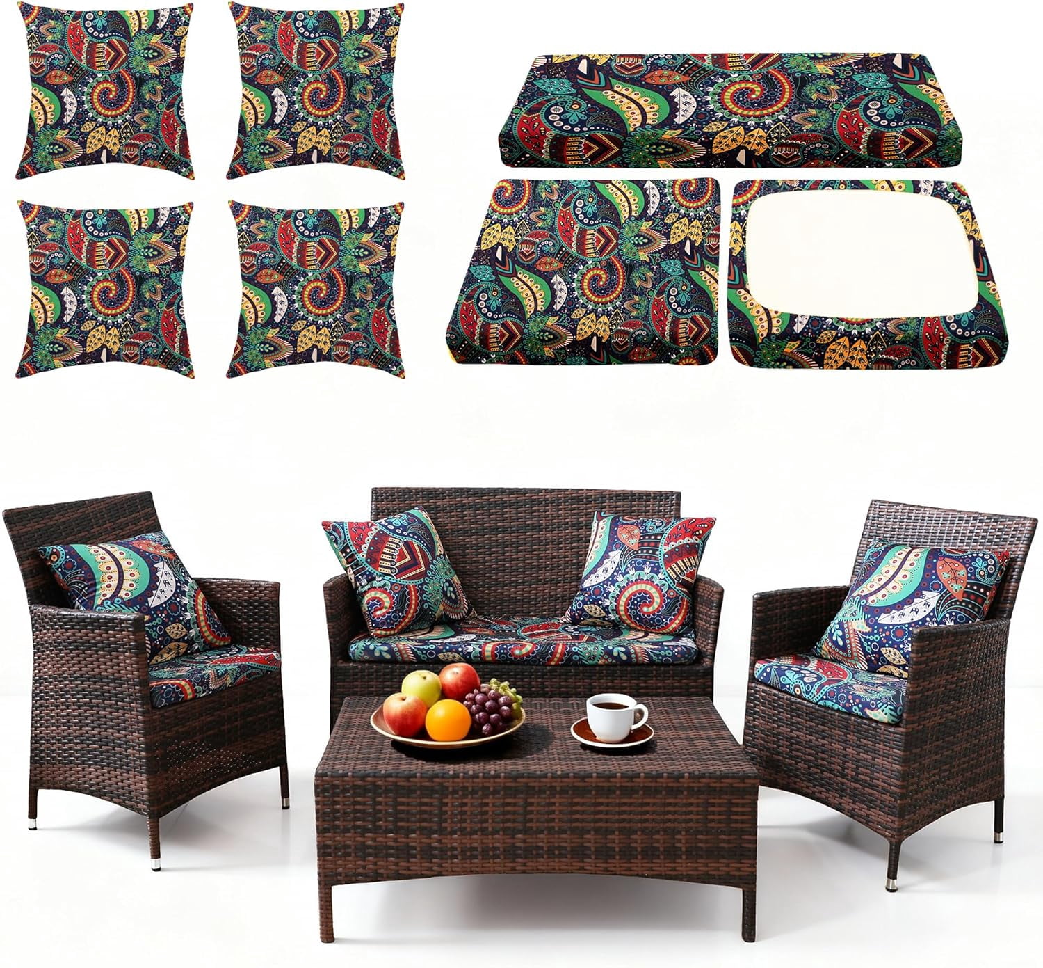 Waterproof 3-Piece Patio Sofa Cushion Cover Set - Replacement Covers for Outdoor Wicker Furniture, Bench & Seat Cushions with 4pcs Throw Pillow Cover