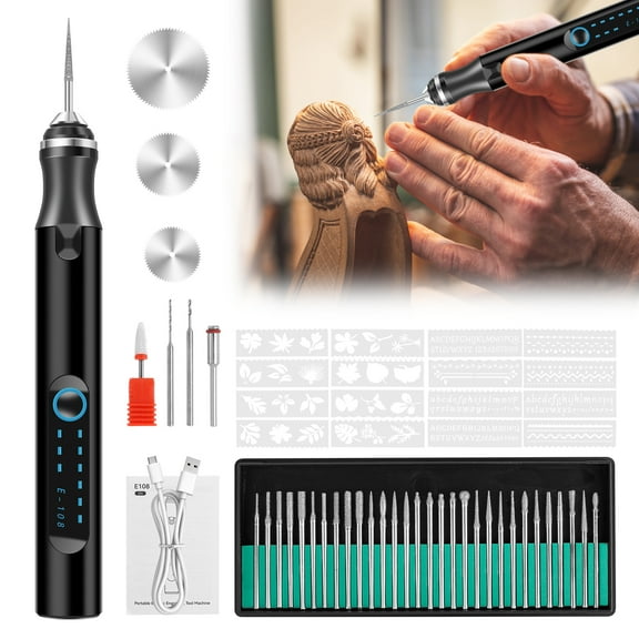 Mini Electric Engraving Pen Kit USB Rechargeable Small Rotary Engraver Cordless Rotary Tool Low Noise Etching Carving Pen with 30 Bits Speed Adjustable DIY Wood Caving Tool for Wood Jewelry