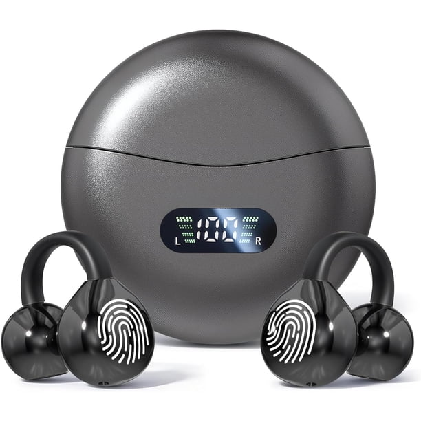 GuDoQi Audifonos Inalambricos Deportivos, Open-Ear Audífonos Bluetooth 5.4, Clip de Oreja, Llamadas de Voz HD, Indicador LED de Batería, para Correr Hacer Ejercicio, Compartimento Redondo, Negro