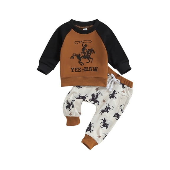 Liacowi Weatern Baby Boys Clothes Toddler Cowboy 2PCS Fall Outfits Long Sleeve Crew Neck Horse Letters Print Sweatshirt Elastic Waist Sweatpants
