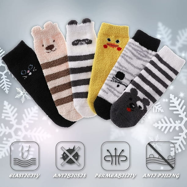 6 Pairs Children's Boys Girls Non Slip Cute Animal Fuzzy Slipper Socks Kids  Anti-Slip Grips Cozy Fluffy Winter Warm Socks 
