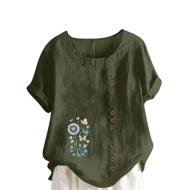 Vestidos Casuales Para Mujer, Blusas De Mujer De Moda Blusa tipo túnica informal de lino con estampado de peces del océano y botones de manga corta para mujer