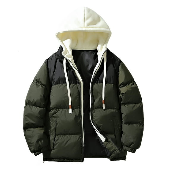 TFEOQRY Men Winter Short Padded Coats Casual Patchwork Hooded Zipper Jacket with Pockets Long Sleeve Coat Olive Green
