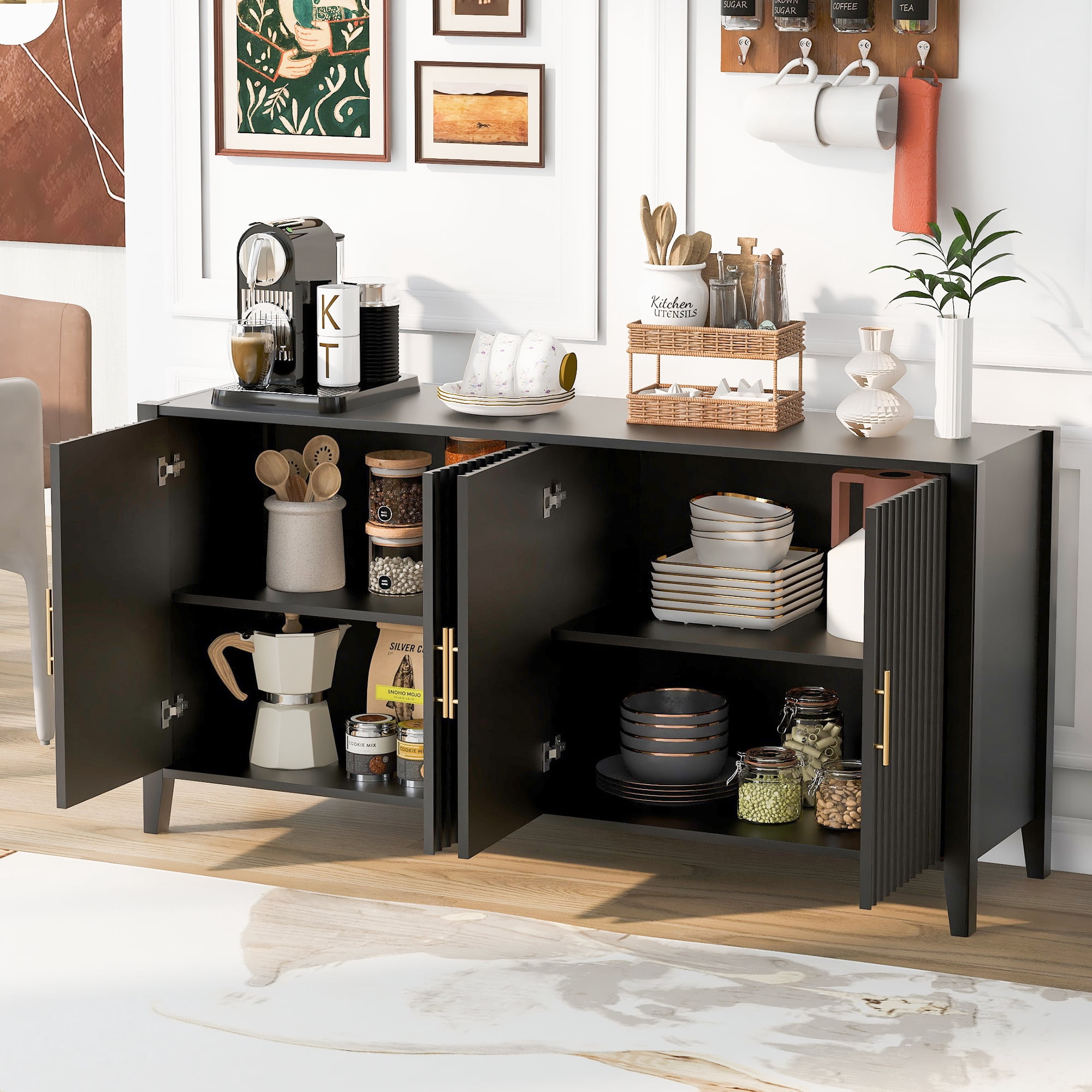 Mintazer 61" Fluted Sideboard Buffet Cabinet with 4 Door, Modern Wave Slatted Storage Credenza with Gold Metal Handles for Dining Room Living Room Entryway, Black