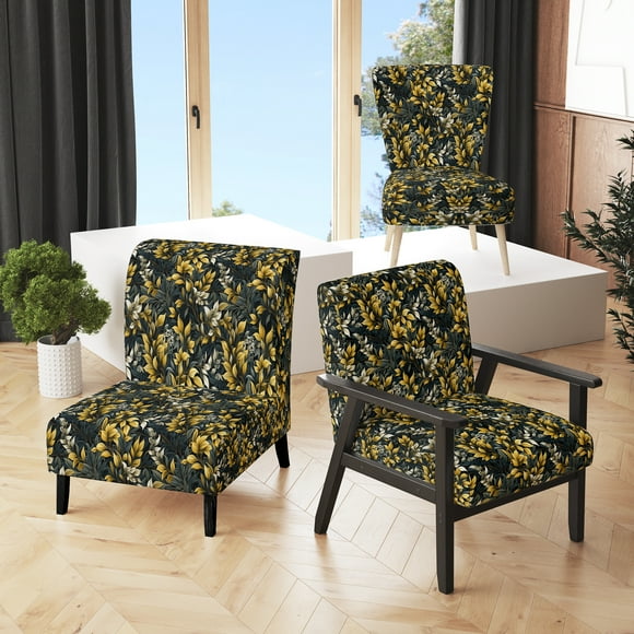 Designart "Tropical Plants In Yellow And Blue Patterns III" Yellow Tropical Upholstered Accent Chair - Tropical Arm Chair For Bedroom