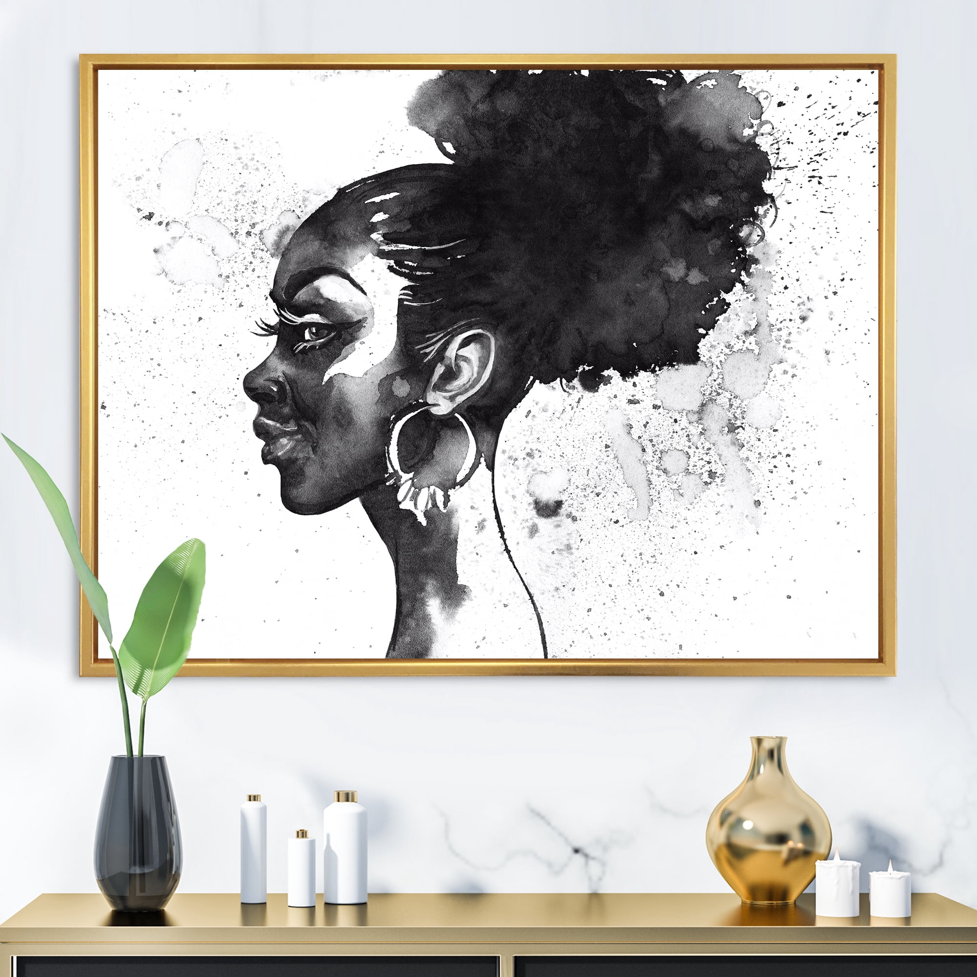 Designart 'Black and White Portrait of African American Woman I' Modern Framed Canvas Wall Art Print