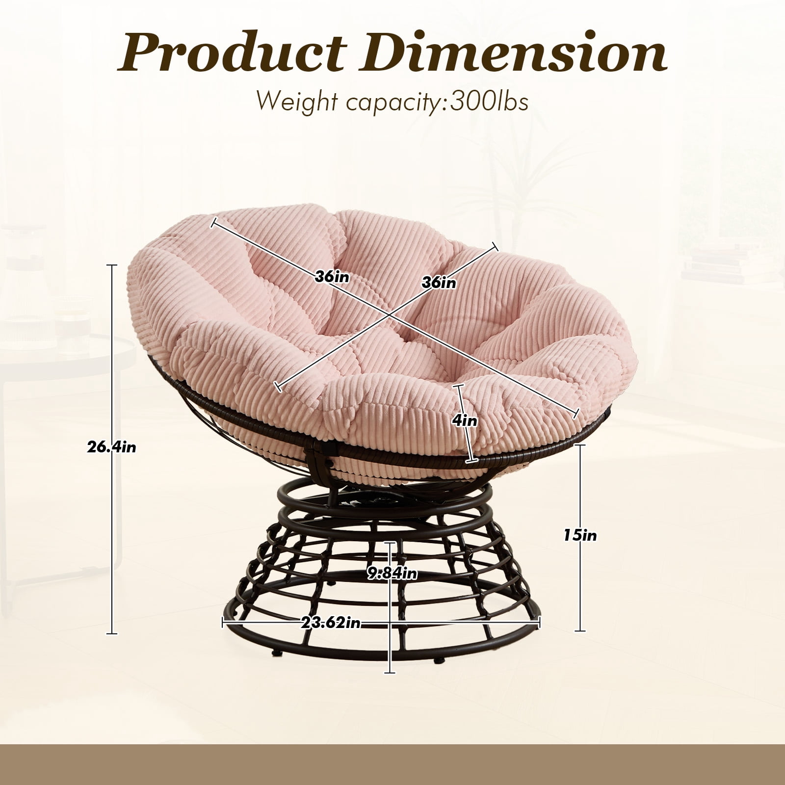 MOONMISS 360° Swivel Wicker Papasan Chair with Soft Thick Cushion for Living Room,Pink