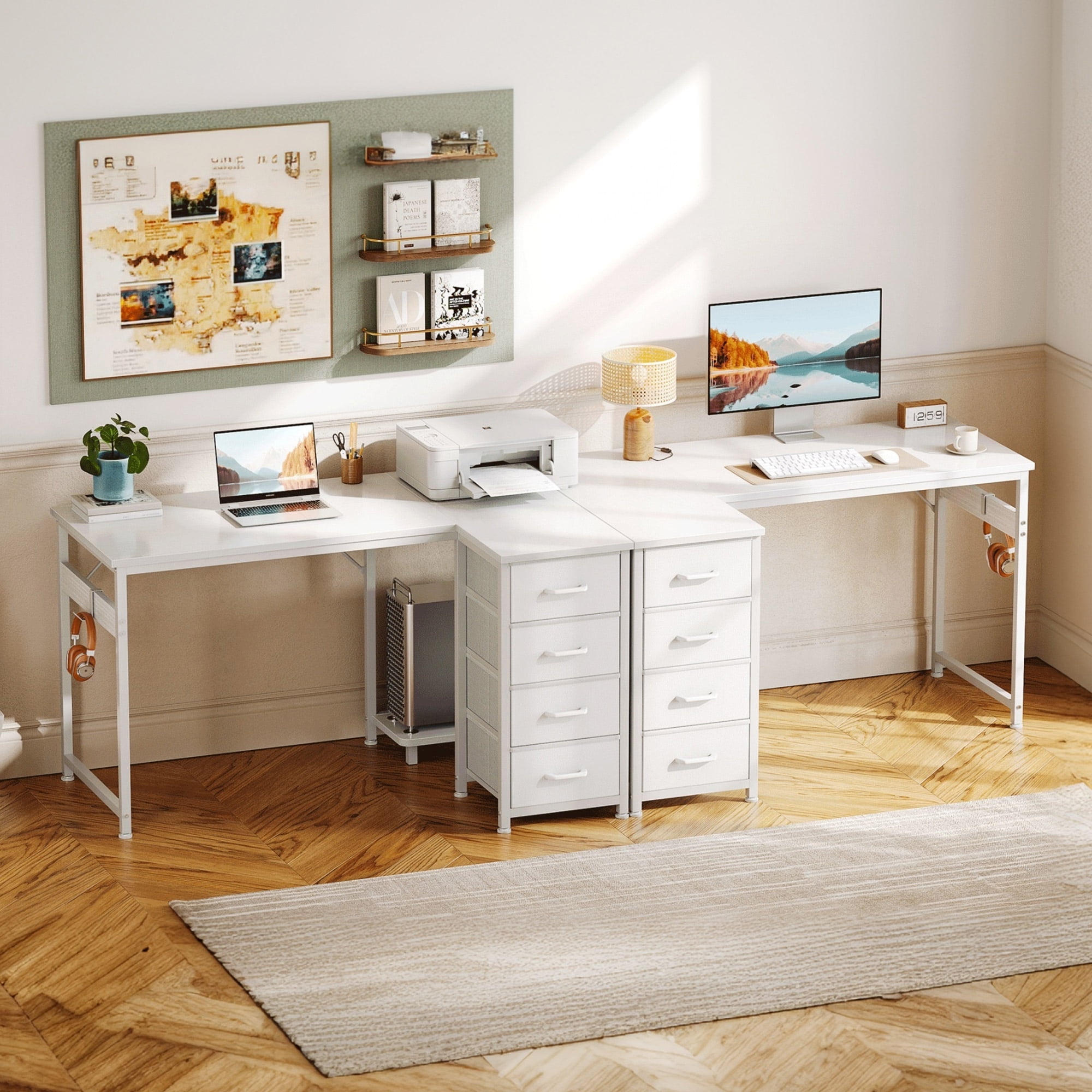 48 inch Computer Desk with 4 Fabric Drawers — Home Office Desks with Storage, Writing Desk with Side Hook, Desk Study/Work Table for Bedroom and Small Space, White