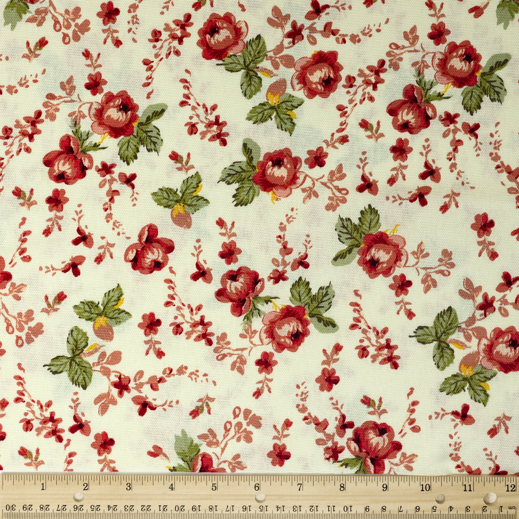 Vintage Cotton Fabric BLUE,BROWN,CREAM,RED CALICO FLORAL STRIPE 1 Yd/44" 