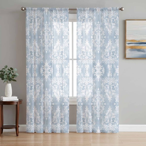 Boho Blue Floral Sheer Curtains 84 Inch Length 2 Panels Set, Country Ethnic Abstract Flower Pattern Voile Window Treatment Rod Pocket Curtains Sheers Drapes for Bedroom/Living Room/Kitchen 52"x84"x2