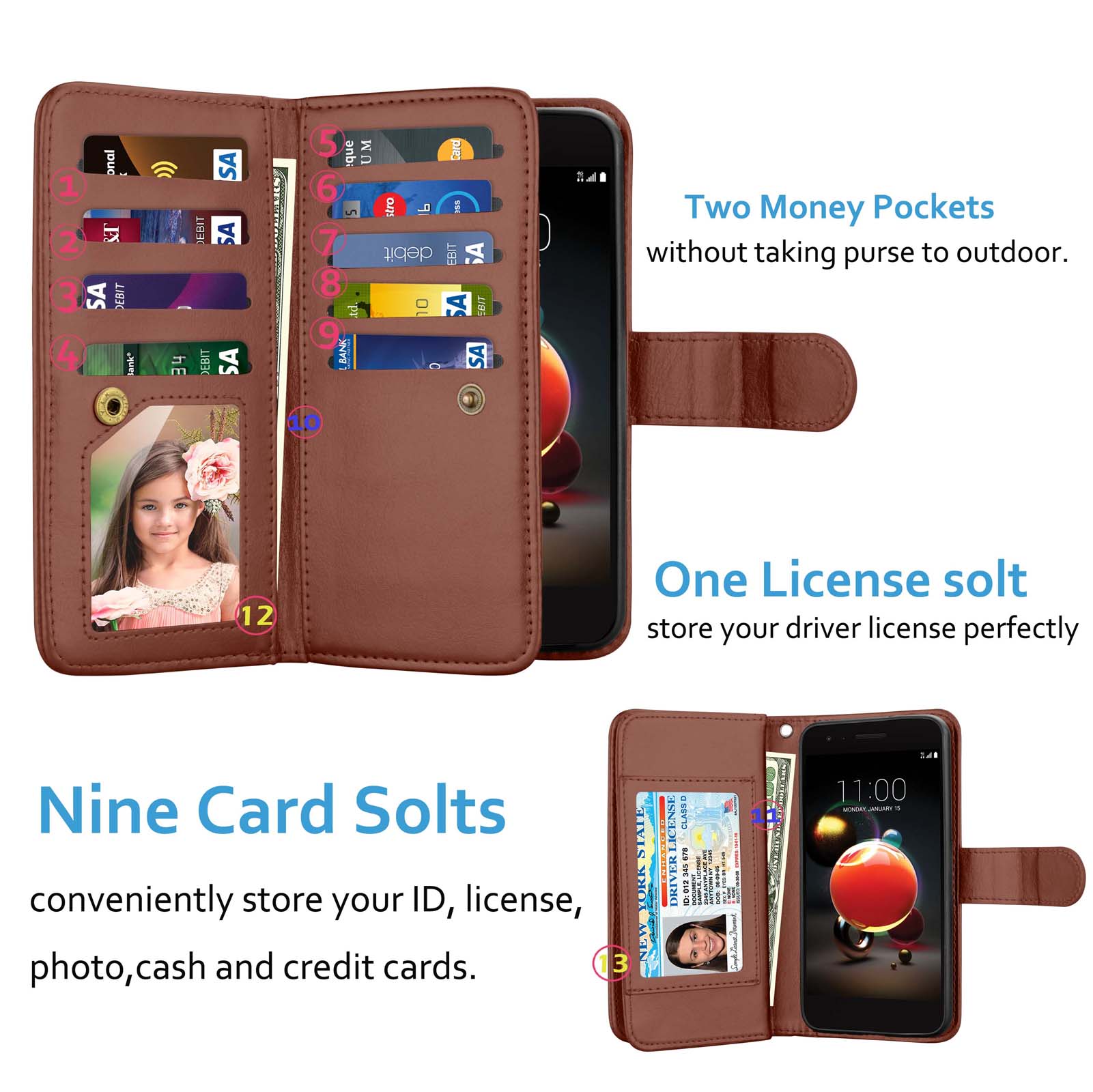 LG Rebel 3 4 LTE Case, Wallet Case LG Tribute Dynasty 5.0", LG LV3 K8 2018 PU Leather Case, Njjex PU Leather Magnet Stand Wallet Credit Card Holder Flip Case 9 Card Slots Case Cover -Mint - image 2 of 5