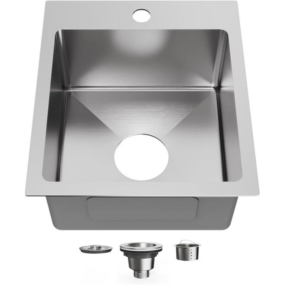 15" x 17" Drop in Bar Sink 304 Stainless Steel Single Bowl Kitchen Sink with Drain Kit, Brushed