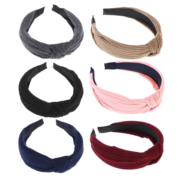 EeaseMX 6 diademas anchas y lisas con nudo tipo turbante para el cabello, accesorio para mujeres y niñas (rojo vino, gris oscuro, azul marino, negro, caqui y rosa).