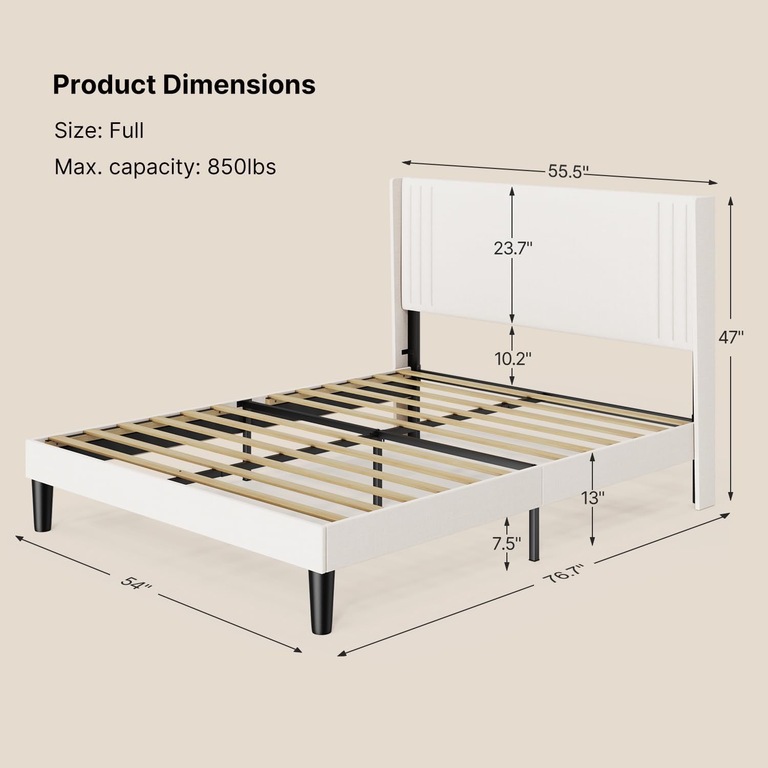 Full Size Bed Frame with Wingback Headboard and Under Bed Storage, 850lbs, White