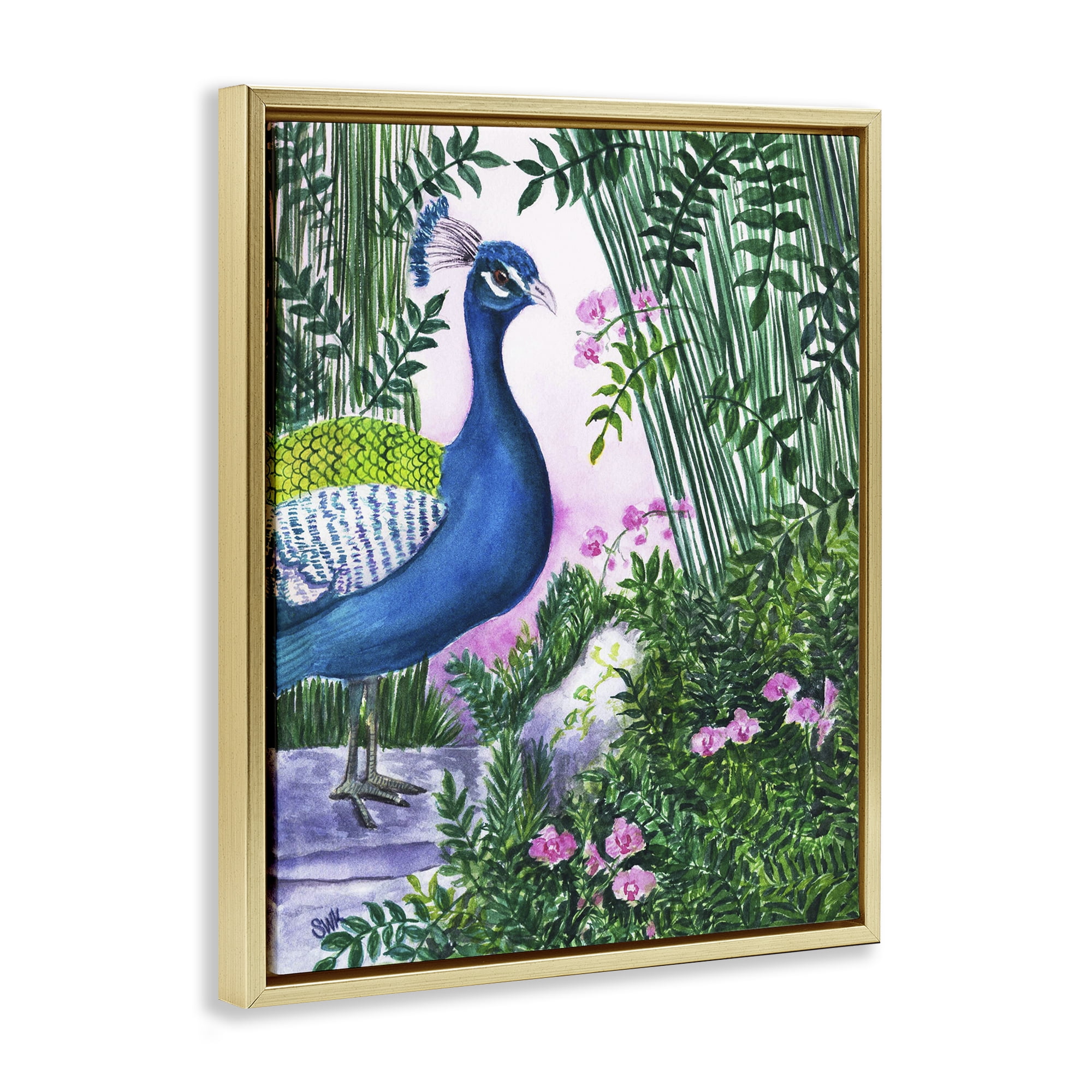 Stupell Industries Peacock in Pink Landscape & Nature Painting Gold Floater Framed Canvas Art Print Wall Art, 25 x 31