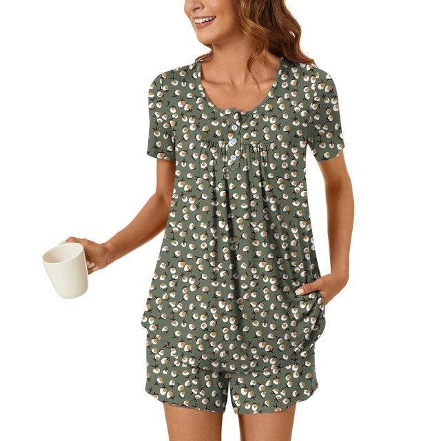LOVZFMLL Pyjama pour Femmes Décontracté Ample Confortable Ensemble de Détente et de Nuit Court Tenues d'Été Ensemble Deux Pièces pour Femmes avec Poches Vert Armée C 3TG