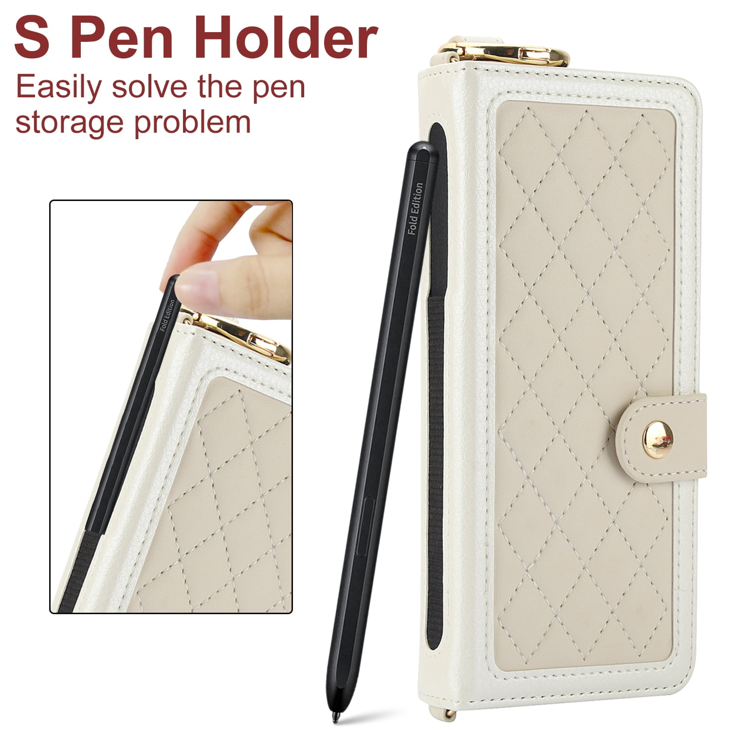 REQO Flip Phone Case for Samsung Galaxy Z Fold 6,Multifunctional Leather Wallet Cover with Wrist Strap Long Shoulder Strap RFID Blocking Case,White