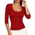 thumbnail image 6 of ClodeEU Women's Scoop Neck Ribbed 3/4 Sleeve Fitted Top,Solid Stretchy Basic Layering Tee ,Women's Plus L, 6 of 7