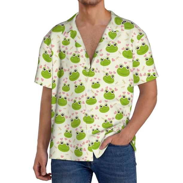 Balery Green Frog Camisa Casual de Manga Corta con Botones para Hombre, Texturizada, Estilo Cubano, para Playa, Verano-3X-Large
