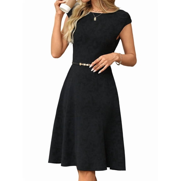 Women Cap Sleeve Cocktail Party Semi Formal Midi Dress Black S