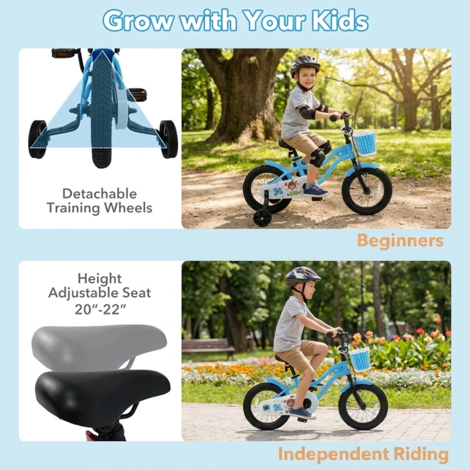 Redsmile Kids Bike 14 Inch with Training Wheels and Front Basket for Boys Girls Ages 3-5, 12 14 16 Inch Adjustable Seat Youth Bicycle for Toddlers, 110 lb Capacity, Multicolor