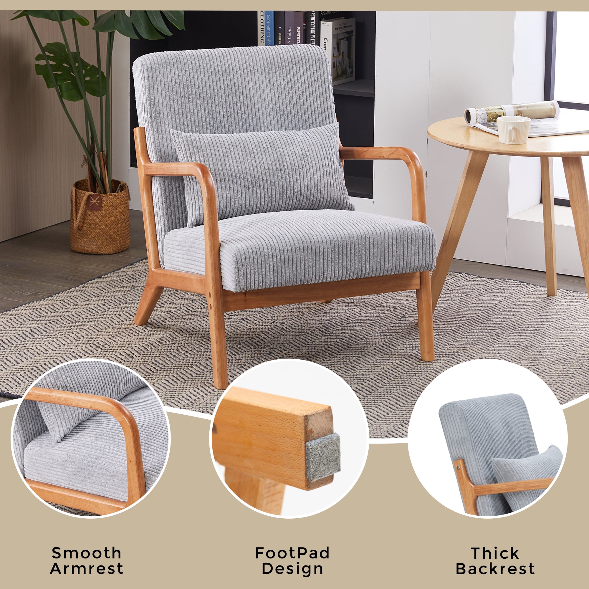 MOONMISS Corduroy Upholstered Mid-Century Modern Wood Frame Single Armchair-Light Gray