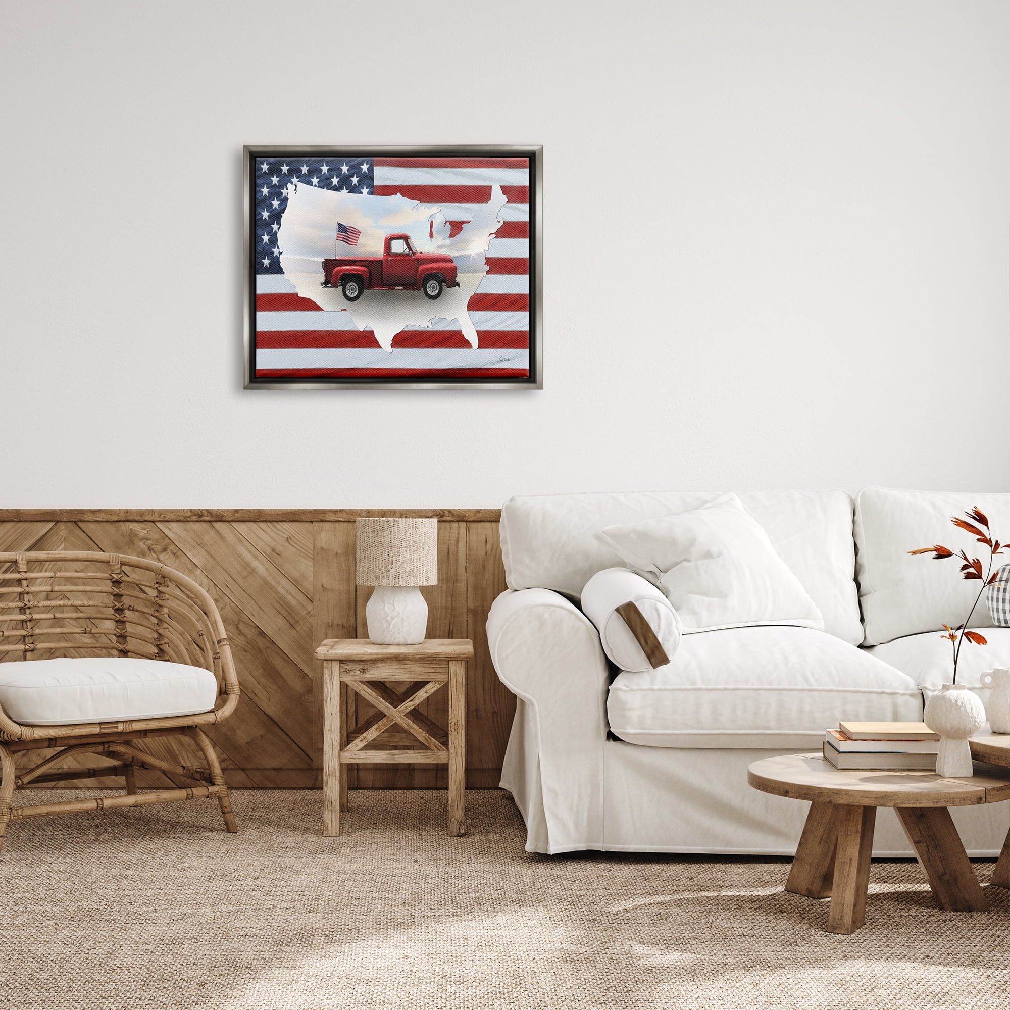 Stupell Industries Farmhouse American Flag Transportation Painting Gray Floater Framed Art Print Wall Art, 31 x 25