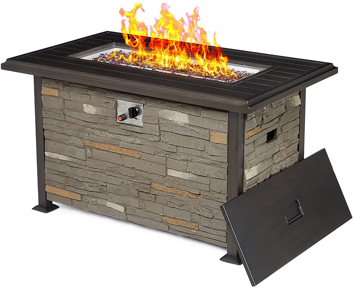 Gas Fire Pit for Outside PE Wicker Firepit Table 44inch 55000BTU Propane fire Pit with Aluminum Tabletop Fire Pit Table with CSA Certification 44'' with Wind Glass + Waterproof Cover, Grey 