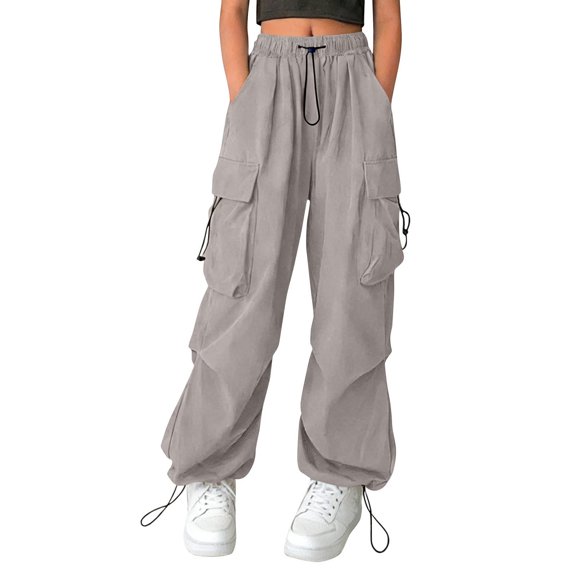 GiLiling Women Cargo Pants High Waist Baggy Casual Solid Parachute Trousers Loose Fit Y2K Streetwear with Multi Pockets (Grey, 4-5 Years)