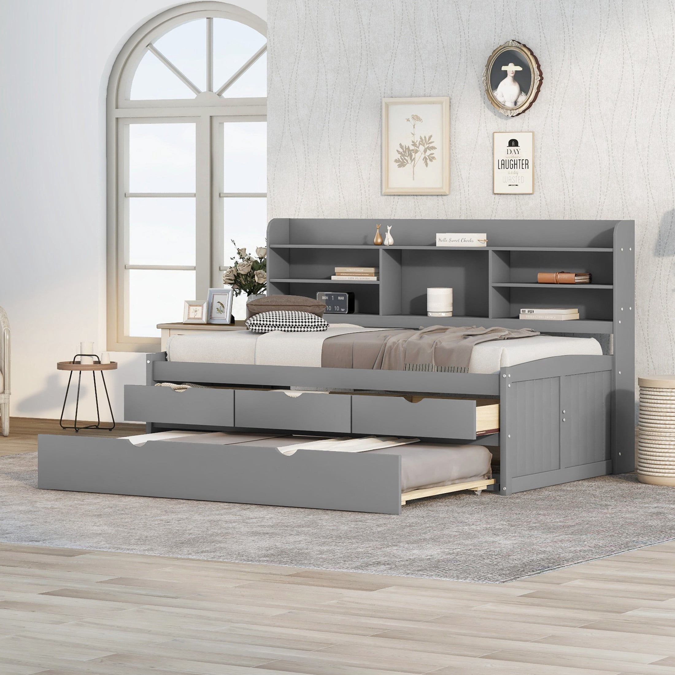 Noble House Savoy Twin Size Wooden Captain Bed with Bookcase Headboard and Trundle, Storage Drawers, Gray
