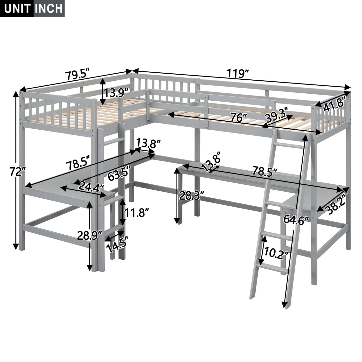 Asteroutdoor Wood Twin Size L-Shaped Loft Bed with Ladder and 2 Built-in L-Shaped Desks, Gray