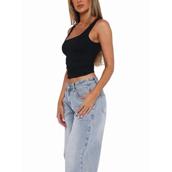 Women'S Sleeveless Square Neck Tank Top Double Layer Basic Crop Tops Summer Workout Casual Tops Black S
