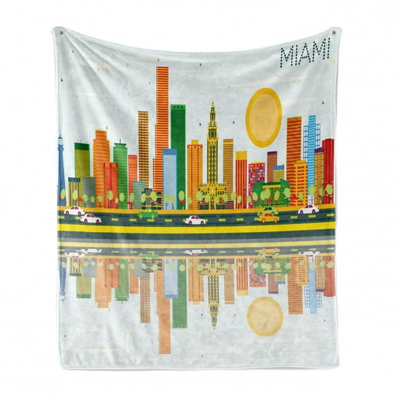 Miami Soft Flannel Fleece Blanket, North American City Skyline with Water Reflection Colorful High Rise Buildings Cars, Cozy Plush for Indoor and Outdoor Use, 70" x 90", Multicolor, by Ambesonne