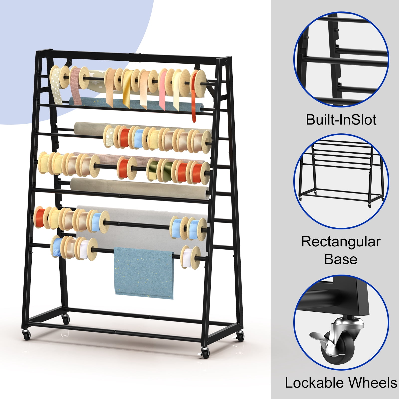 15 Tier Rolling Ribbon Organizer Holder, Double-Sided Metal Spool Rack with Wheels, Gift Wrapping Storage Cart for Craft, Flower, Cake Shop, Fits Ribbons, Wrapping Paper, Scarves, Towels