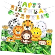 Bestwell 144-Piece Jungle Birthday Tableware, Zoo-Themed Party Supplies Including Animal Face Plates and Wild Leaf Tablecloth for Jungle Party Decor