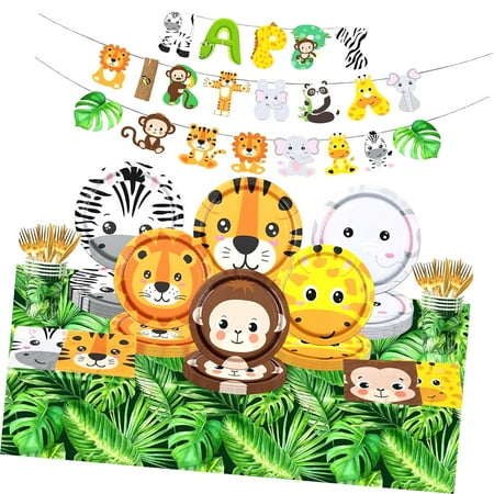 Bestwell 144-Piece Jungle Birthday Tableware, Zoo-Themed Party Supplies Including Animal Face Plates and Wild Leaf Tablecloth for Jungle Party Decor