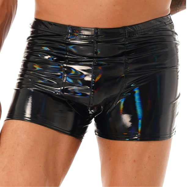 YEAHDOR Mens Glossy Patent Leather Lounge Shorts Boxer Briefs Underwear ...