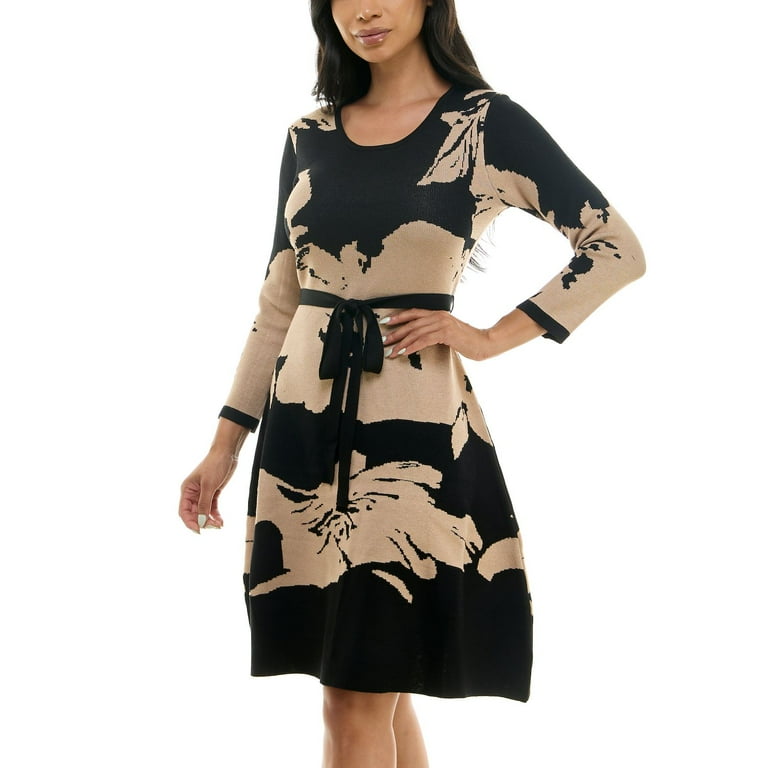 Women's Nina Leonard Fit & Flare Jacquard Midi Sweater Dress Color: Black  Red Size: MEDIUM - Walmart.com