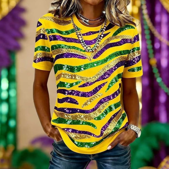BRGZLK Shirt For Women Trendy Casual Holiday Tiger Print T-Shirt Graphic Tiger Stripe Sequin Shirt