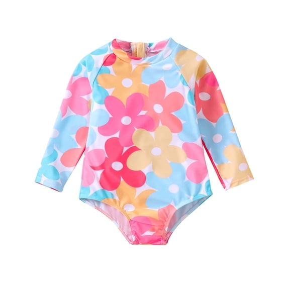 Summer Toddler Girls Long Sleeve Floral Prints 1 Piece Swimwear Beach Swimsuit Bikini