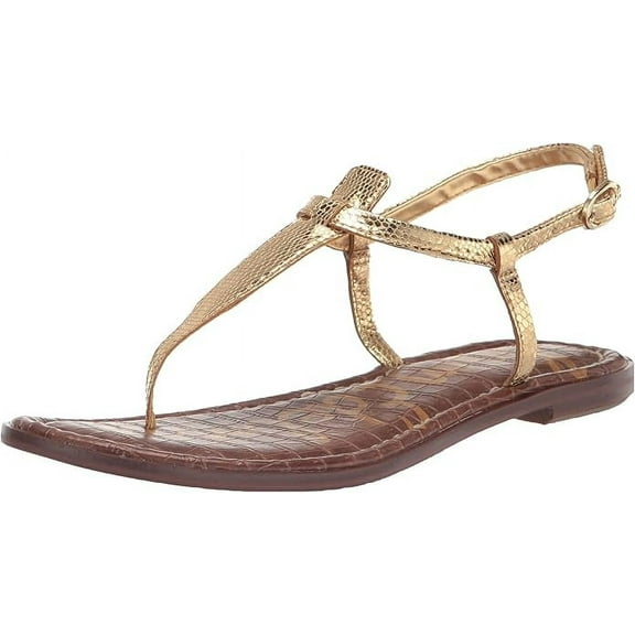 Sam Edelman Gigi Amber Gold Embossed Open Toe Ankle Strap Wide Flats Sandals