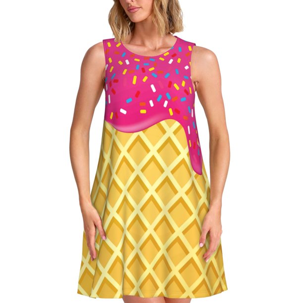 Easygdp Red Ice Cream para Vestido Transpirable de Mujer, Vestido Suelto de Manga Corta con Pliegues y Bolsillos para el Verano