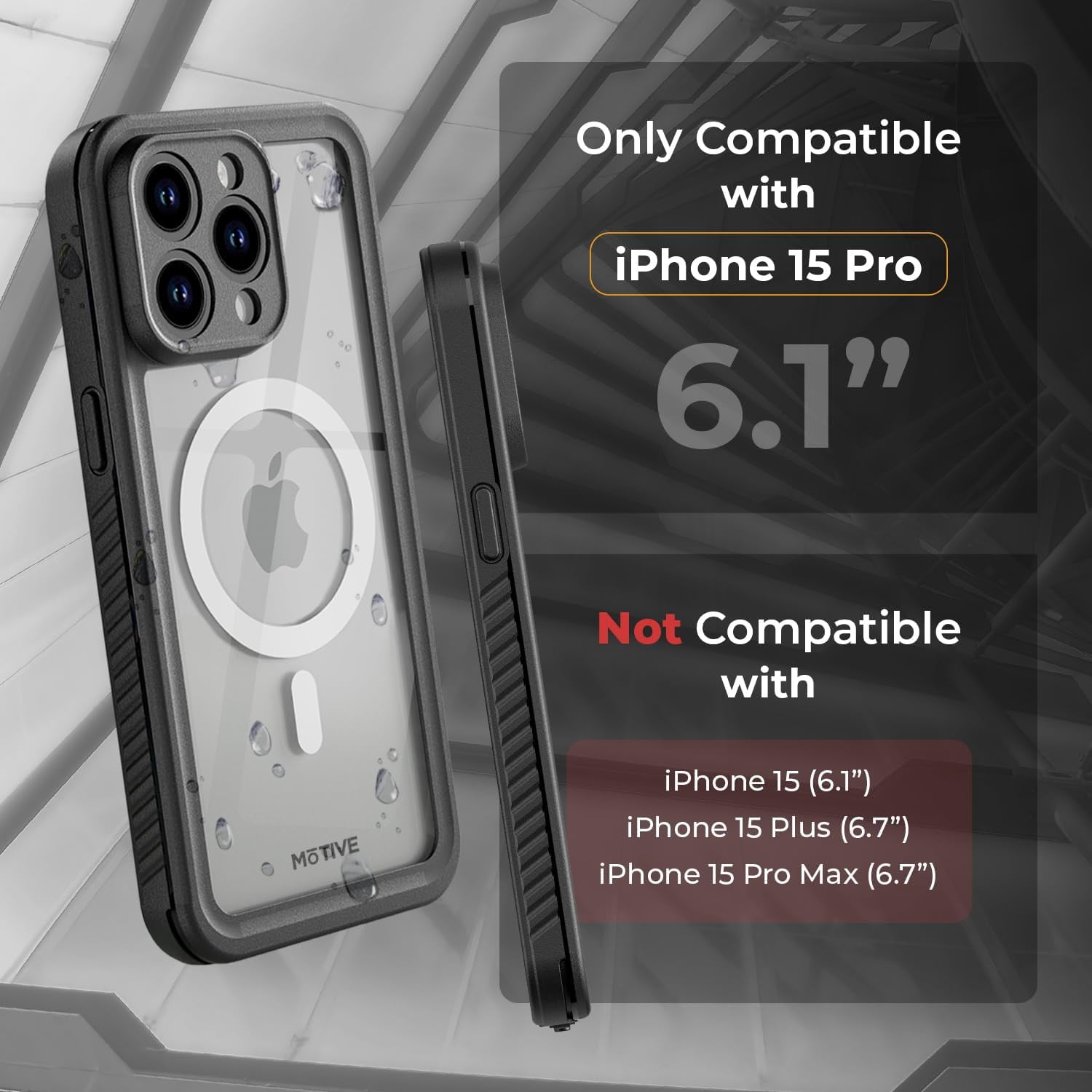 MOTIVE Waterproof Case for iPhone 15 Pro, Built-in Screen Protector, Compatible with MagSafe, Dustproof Shield, Shockproof, Complete 360° Water Resistance Phone case for iPhone 15 Pro 6.1" | Black
