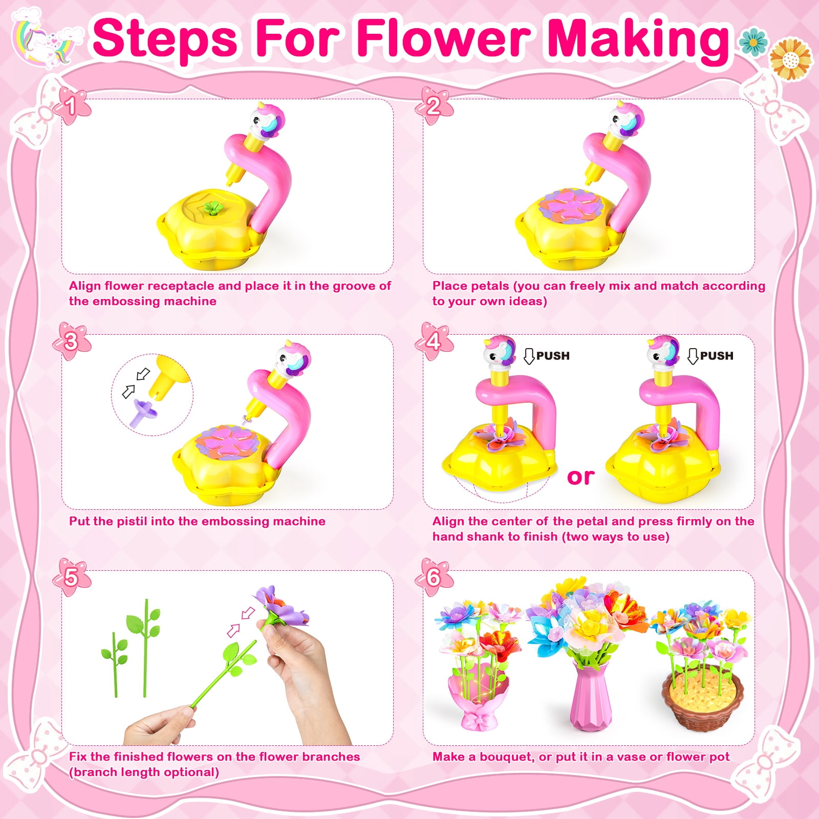 HXFOU DIY Unicorn Craft Kit for Girls Ages 3-12, Girls Flower Making Kit with Lighted Vase, DIY Fabric Flower Bouquet Arts and Crafts Set, Unicorn Gifts for Girls, Pink