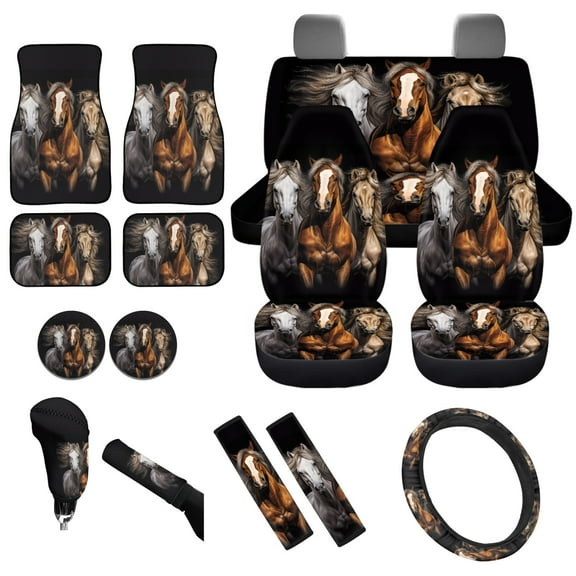 Yuyamidu Southwest Horse Car Accessories Sets with Car Seat Covers Black Car Floor Mats Steering Wheel Cover Seatbelt Pad Handbrake Cover Gear Shift Knob Cover Cup Mat, 15 Pack